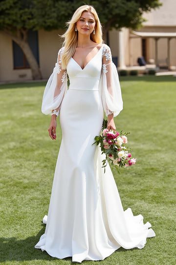 V-Neck Satin Mermaid Ivory Wedding Dress with Lace Appliques